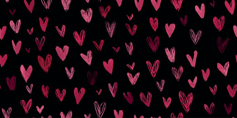 Abstract hand-drawn heart seamless pattern in textured red and magenta sketch lines on a dark black background for modern design and fabrics.
