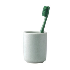 Toothbrush toothbrush holder ceramic cup bathroom accessory green toothbrush personal care oral hygiene bristle brush sink countertop minimalist white ceramic speckled glaze vertical composition