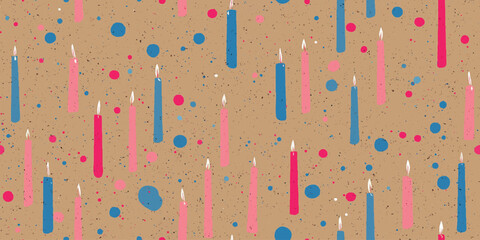 Playful seamless pattern of lit birthday candles and paint splatters on a neutral craft paper background for wrapping paper and stationery.