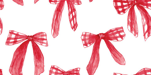 Watercolor seamless pattern of bold red plaid ribbon bows for holiday wrapping paper, Christmas design, and rustic fabrics.