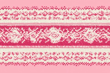 close-up of a pink and white knitted fabric with floral and geometric patterns on a pink background