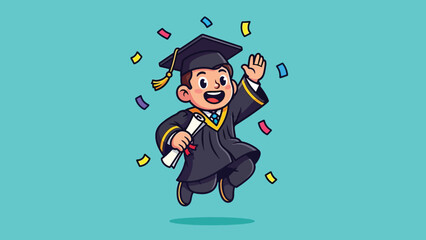 Happy Cartoon Boy Graduate Jumping with Diploma and Confetti.