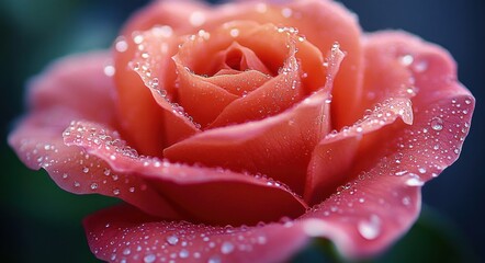Close-up of a pink rose covered in delicate water droplets with a soft blurred background, evoking freshness and natural beauty