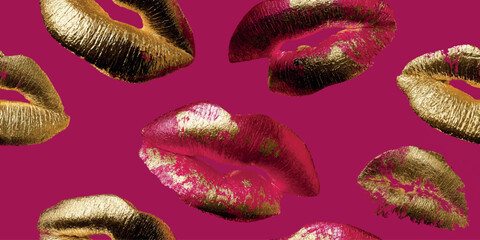 Luxury seamless pattern of red and gold glitter lipstick kiss marks on a vibrant magenta background for fashion, beauty, and packaging.