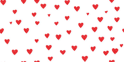 Cute seamless pattern of small, random red hearts with white polka dots on a clean white background for minimalist design and packaging.