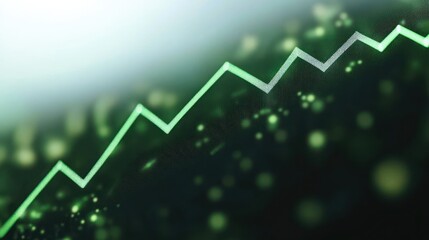 Glowing green upward trend line on dark background with bokeh and digital particles suggesting growth and progress