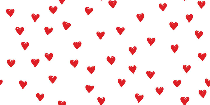 Cute seamless pattern of small, random red hearts with white polka dots on a clean white background for minimalist design and packaging.