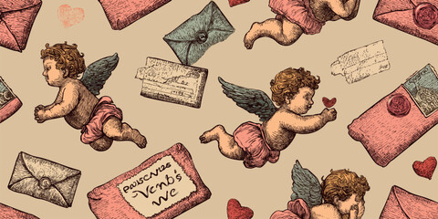 Detailed vintage seamless pattern of flying cherubs, script, and antique love letters in warm sepia tones for romantic paper goods.
