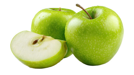 Fresh green apple and sliced half with seeds on black background for healthy food concept