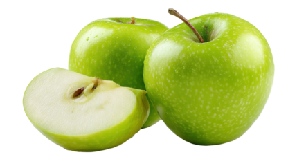Fresh green apple and sliced half with seeds on black background for healthy food concept