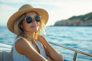 Smiling woman wearing sunglasses and a straw hat relaxing on a boat with a scenic ocean and rocky coastline in the background
