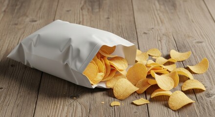 A bag of potato chips lies open on a wooden table with some chips spilling out.