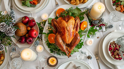 Golden Thanksgiving Turkey Surrounded by Autumn Fruits & Leaves