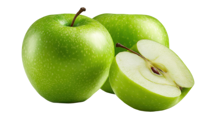Fresh green apple and sliced half with seeds on black background for healthy food concept