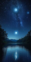 Serene night scene over a calm lake with glowing full moon, bright planet, starry sky, and silhouette of forested hills reflecting on water