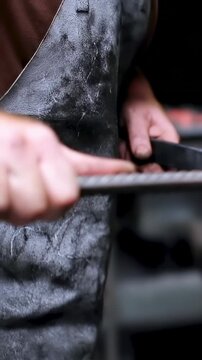 Vertical video: Picking up file, blacksmith in leather apron smoothing steel rod at forge