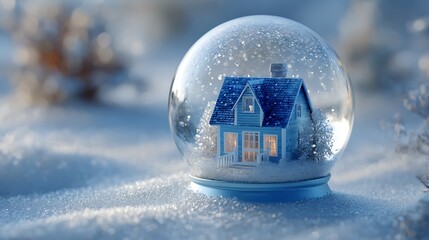 Photo of a miniature blue house sits inside a snow globe resting on a blanket of soft, falling snow during winter