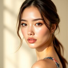 Fototapeta premium Beautiful Asian Woman with Glowing Skin and Elegant Natural Makeup