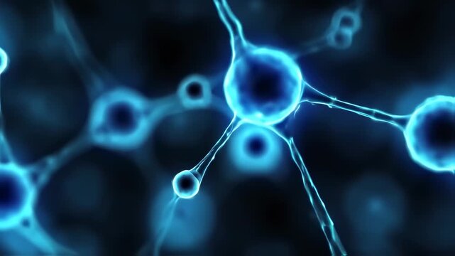 Abstract representation of interconnected cells, possibly neurons, glowing a vibrant blue, set against a dark background