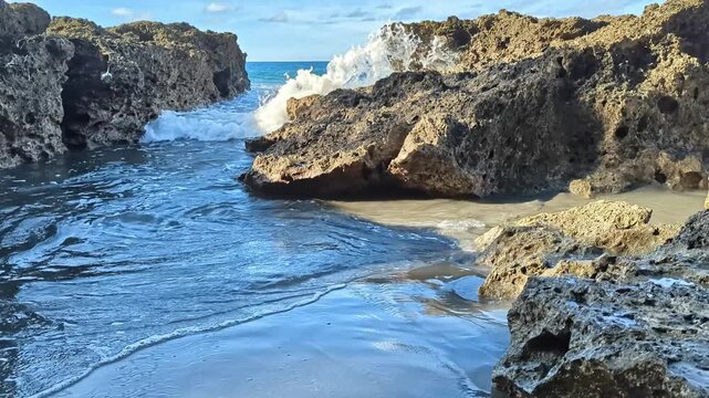 4K footage of ocean waves crashing against rock formations at Amban Beach, Manokwari. Clear blue water, rugged coastal rocks, and natural tropical shoreline scenery.