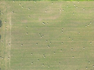 aerial view of a meadow with bales of straw
- survol d'une prairie avec des bottes de paille