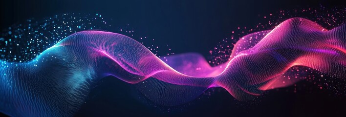 Dynamic flowing wave of glowing particles with vibrant blue and pink hues against a dark background creating a sense of motion and energy