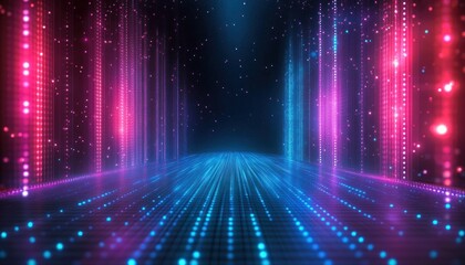 Futuristic digital corridor with glowing vertical and horizontal neon lights in blue and pink hues creating a vibrant immersive atmosphere