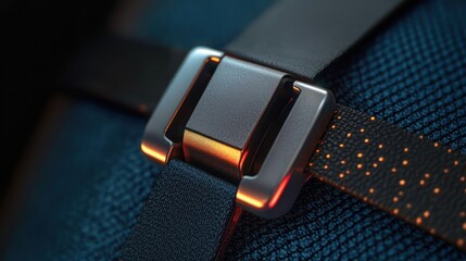 Close-up of a modern metal buckle fastening two black textured straps with soft warm lighting highlighting the sturdy connection on a dark fabric surface