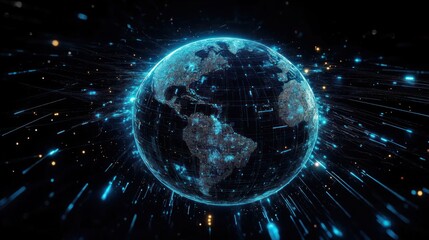 Digital representation of Earth with illuminated continents and network connections radiating outward in a futuristic, glowing blue design