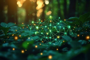 Glowing green network structure with connected points floating above lush dark green forest floor illuminated by warm sunlight and small glowing orbs