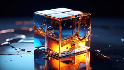 Cube partially submerged in liquid with bubbles