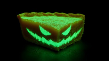 Photo of a glowing green jack o lantern face carved into a slice of pie or cake against a dark background for halloween