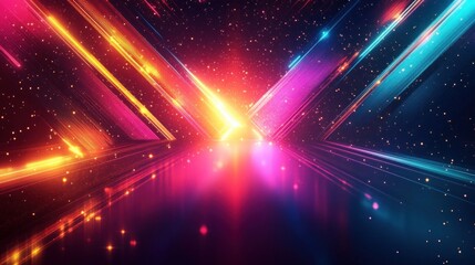 Naklejka premium vibrant futuristic scene with colorful neon diagonal light beams and glowing particles creating dynamic energy and depth on a dark reflective surface