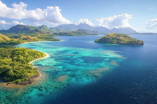 Aerial view of turquoise shallow waters surrounding lush green islands with distant mountain range under a partly cloudy sky on a sunny day - Powered by Adobe