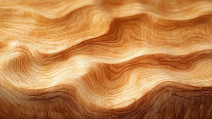 Close-up of a smooth, wavy wooden surface with natural grain patterns and warm light highlighting the texture and depth