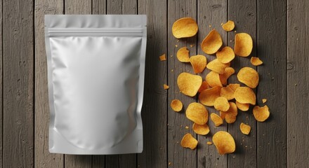 A silver resealable pouch sits on a rustic wooden surface next to scattered potato chips.