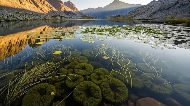 Crystal Clear Mountain Lake Reflecting Majestic Peaks and Underwater Flora.