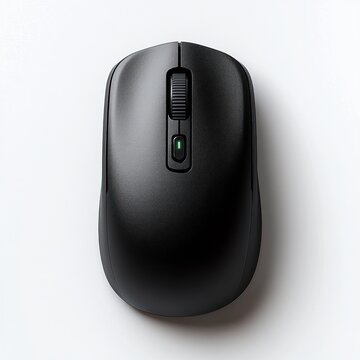 sleek black wireless computer mouse with scroll wheel and subtle green indicator light on white background
