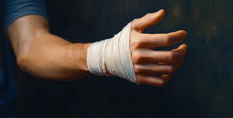 Close-up of a person's arm and hand with white athletic tape wrapped around the wrist and thumb, showing strength and readiness