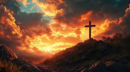 wooden cross on rocky hill during dramatic vibrant sunset with fiery orange clouds and moody sky