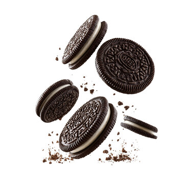 3d realistic vector icon. Falling oreo chocolate cookies. Isolated on white background.