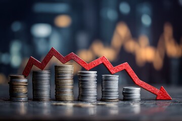 Financial decline concept with stacked coins decreasing in height and a downward trending red arrow over blurred cityscape background