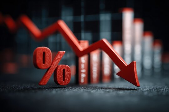 Red percentage symbol and downward arrow graph indicating financial decline or market downturn with blurred bar chart background