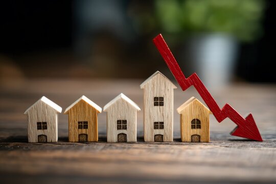 Row of small wooden houses decreasing in size with a downward red arrow symbolizing decline or downturn in real estate or housing market