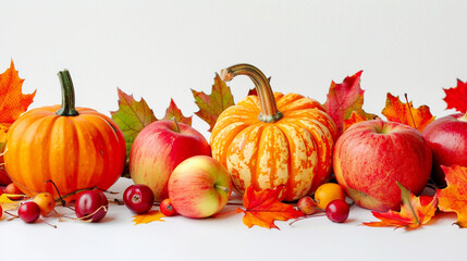 Bright Autumn Pumpkins and Leaves on Clean White Background