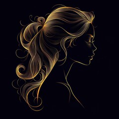 Elegant abstract profile of a woman with flowing, luminous golden hair on a black background conveying grace and serenity