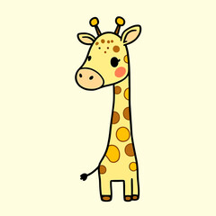 Obraz premium A charming and adorable illustration of a baby giraffe with big, expressive eyes and a long, elegant neck, rendered in a simple, cute cartoon style on a light cream background