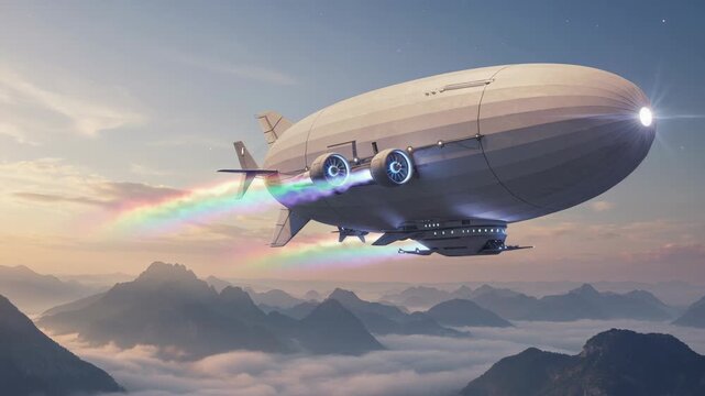 A high-tech airship glides above mountain cloud layers during sunset, emitting colorful rainbow jet exhaust in a futuristic sky scene.