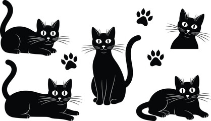 Black cat set with paw prints, kitten vector icons for web, pet shop and decoration