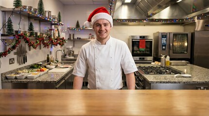 A young Caucasian man chef wearing a Santa hat stands in a decorated kitchen. Christmas decorations are visible, creating a festive atmosphere for 2026.